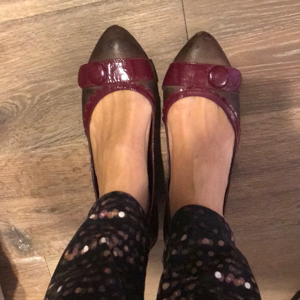 One inch heel, burgundy and dark brown